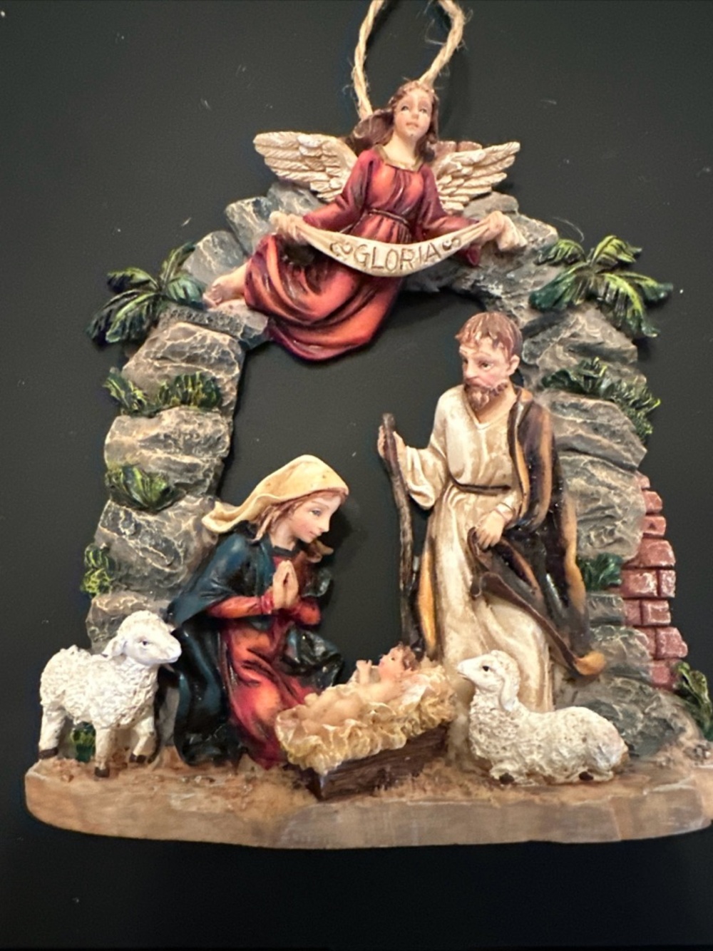 Hand-Painted Nativity Ornament with Angel Banner Gloria